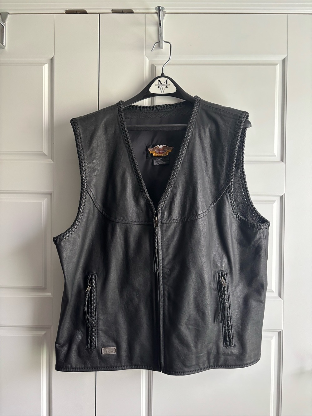Harley-Davidson Black Leather Braid-Trim Vest, Vintage